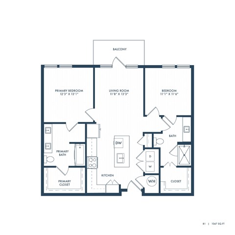 Floor plan for 2 beds, 2 baths, 1047 sqft